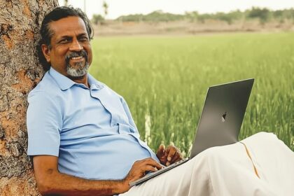 Sridhar Vembu, founder of Zoho, sitting in front of the rural Tenkasi office, symbolizing decentralized talent and rural development.
