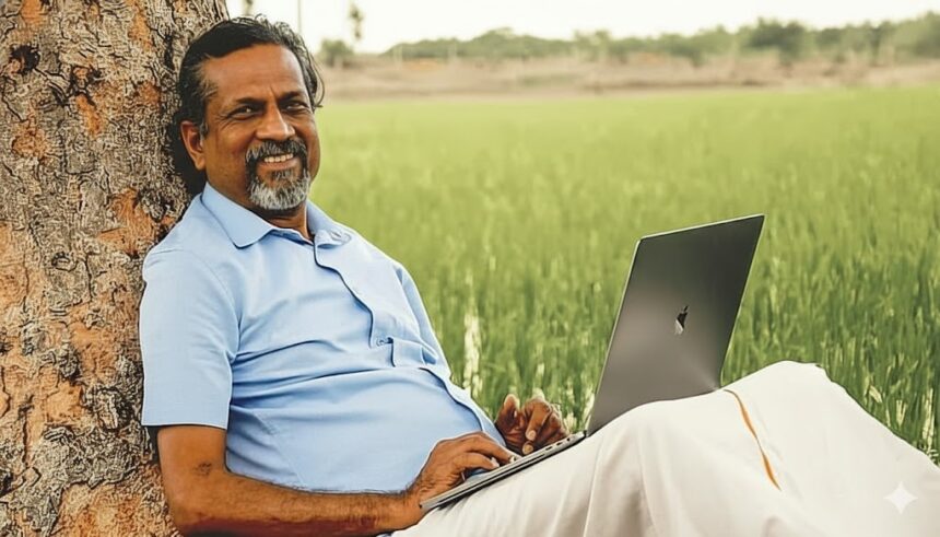 Sridhar Vembu, founder of Zoho, sitting in front of the rural Tenkasi office, symbolizing decentralized talent and rural development.