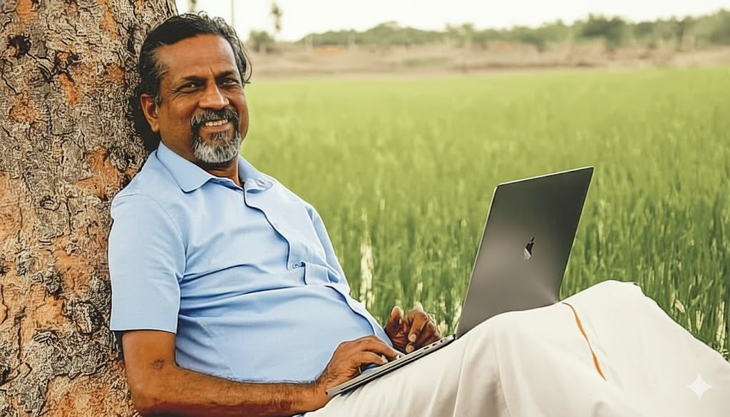 Shridhar Vembu Sridhar Vembu, founder of Zoho, sitting in front of the rural Tenkasi office, symbolizing decentralized talent and rural development.